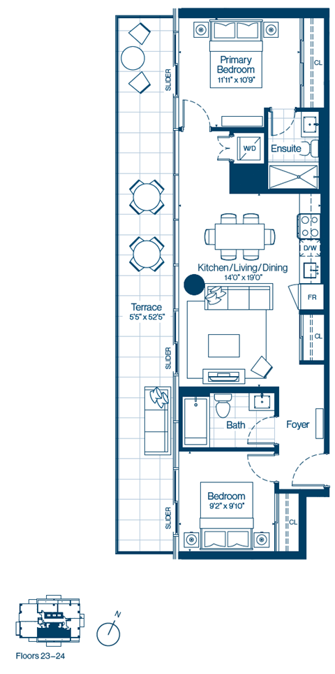 Floor plan for 2 beds, 2 baths, 824 sqft